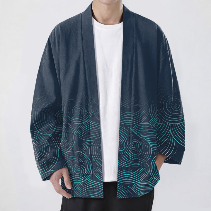 Buddha Stones Kimono für Herren aus Baumwolle mit Wellenmuster und offener Vorderseite - Marine - US/UK/AU48, EU58 (4XL) - image 6