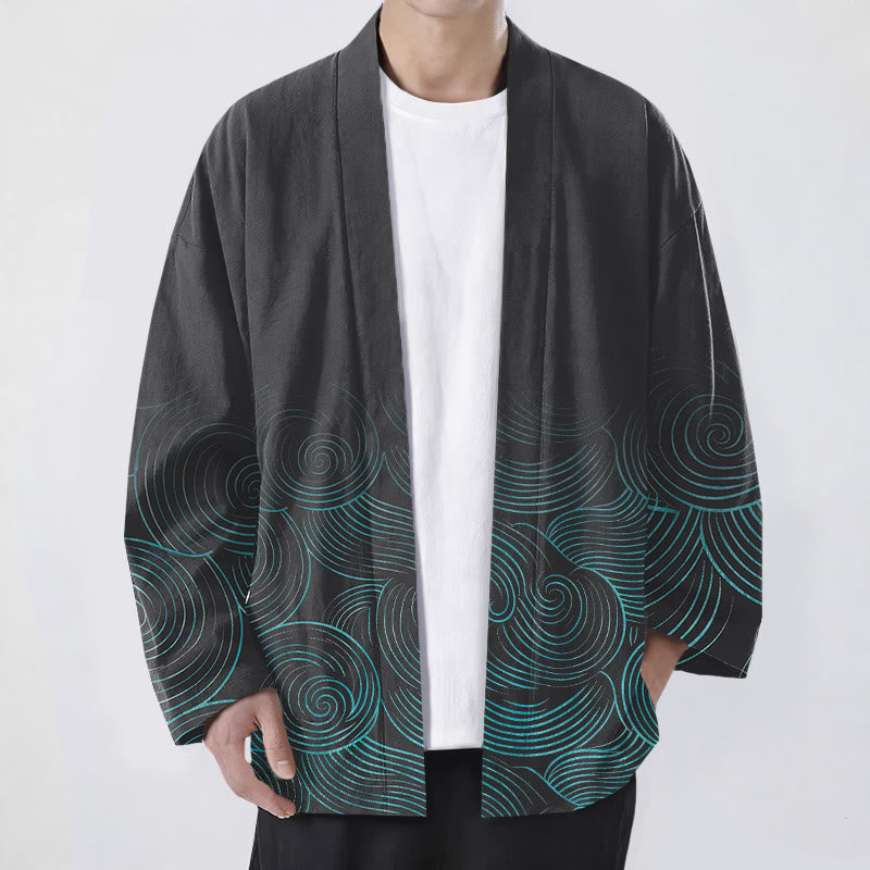 Buddha Stones Kimono für Herren aus Baumwolle mit Wellenmuster und offener Vorderseite - Schwarz - US/UK/AU48, EU58 (4XL) - image 9