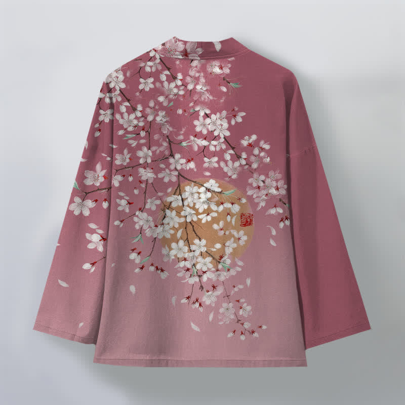 Buddha Stones Weißer Baumwollkimono mit Kirschblütenmuster und offener Vorderseite für Herren - image 2
