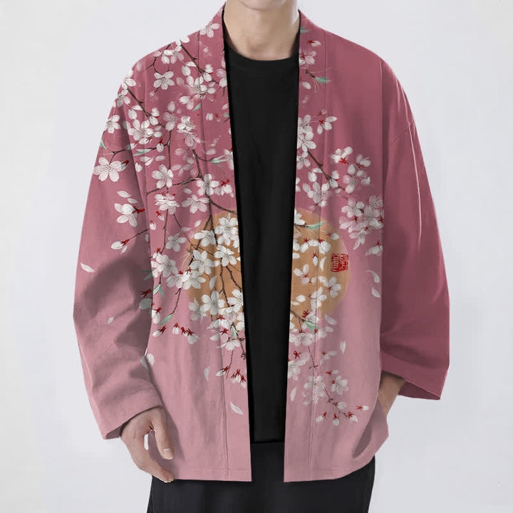 Buddha Stones Weißer Baumwollkimono mit Kirschblütenmuster und offener Vorderseite für Herren - Blassviolettrot - US/UK/AU48, EU58 (4XL) - image 0