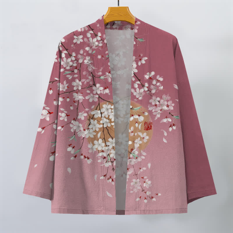 Buddha Stones Weißer Baumwollkimono mit Kirschblütenmuster und offener Vorderseite für Herren - image 1