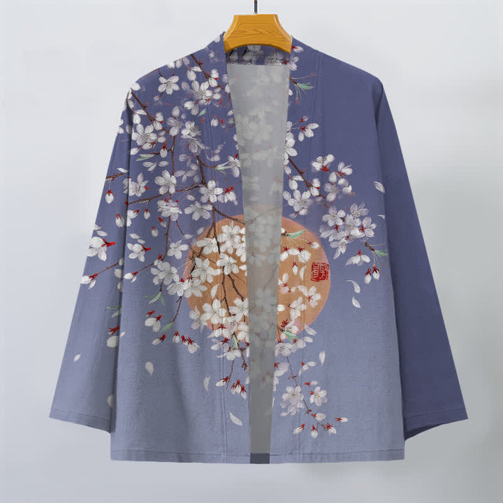 Buddha Stones Weißer Baumwollkimono mit Kirschblütenmuster und offener Vorderseite für Herren - image 7
