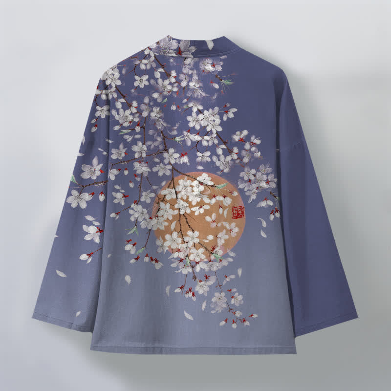 Buddha Stones Weißer Baumwollkimono mit Kirschblütenmuster und offener Vorderseite für Herren - image 8