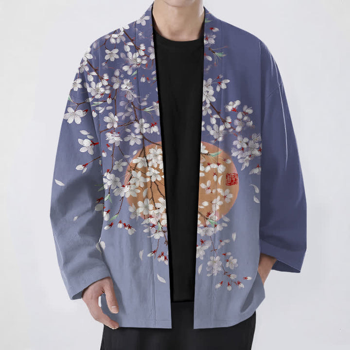 Buddha Stones Weißer Baumwollkimono mit Kirschblütenmuster und offener Vorderseite für Herren - Schieferblau - US/UK/AU48, EU58 (4XL) - image 6