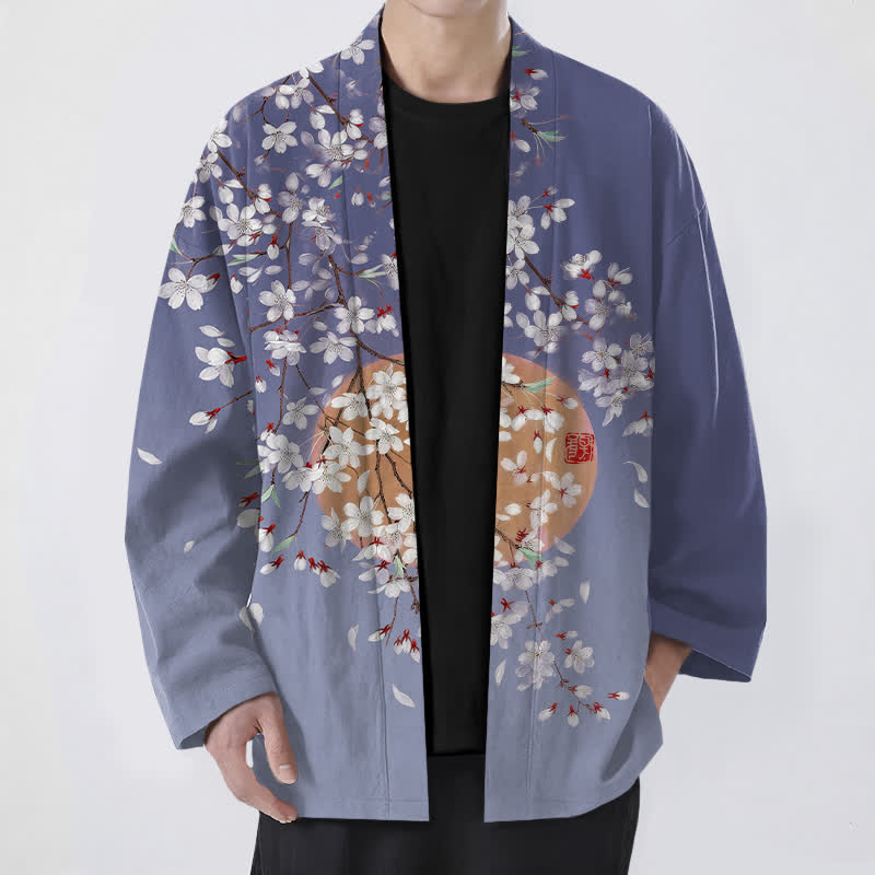 Buddha Stones Weißer Baumwollkimono mit Kirschblütenmuster und offener Vorderseite für Herren - Schieferblau - US/UK/AU48, EU58 (4XL) - image 6