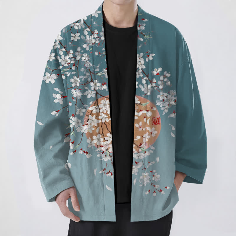 Buddha Stones Weißer Baumwollkimono mit Kirschblütenmuster und offener Vorderseite für Herren - Türkis - US/UK/AU48, EU58 (4XL) - image 9