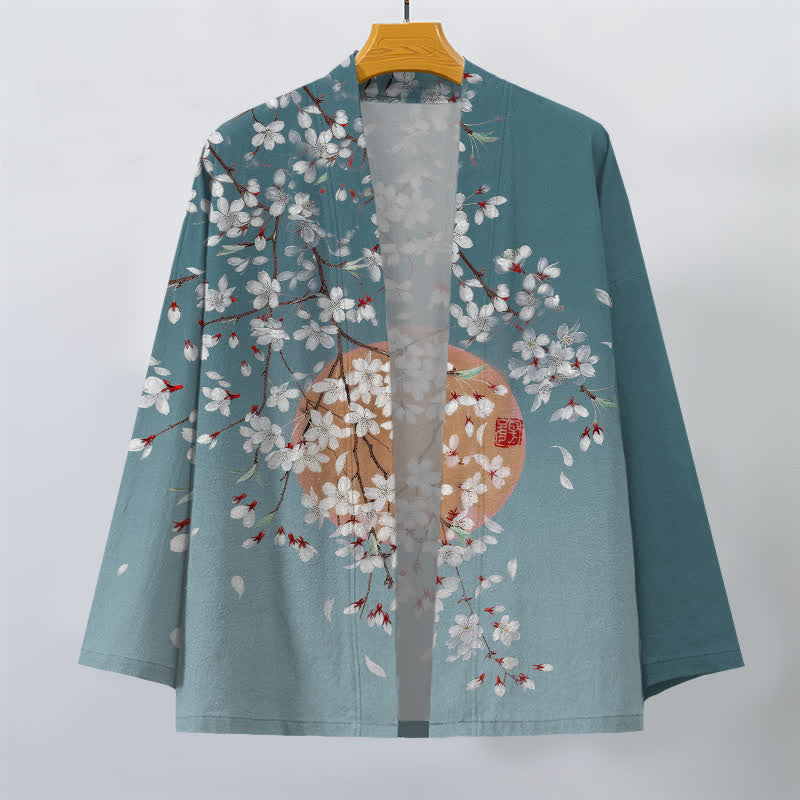 Buddha Stones Weißer Baumwollkimono mit Kirschblütenmuster und offener Vorderseite für Herren - image 10