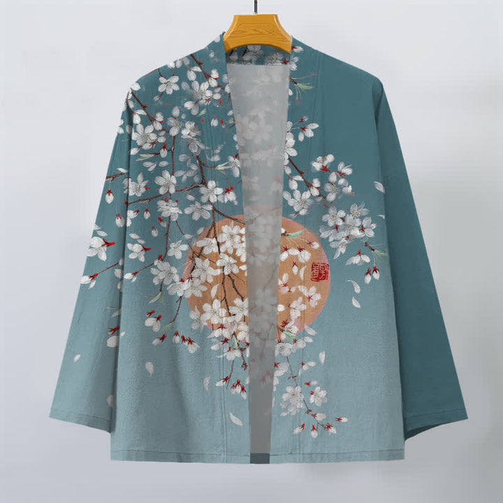 Buddha Stones Weißer Baumwollkimono mit Kirschblütenmuster und offener Vorderseite für Herren - image 10