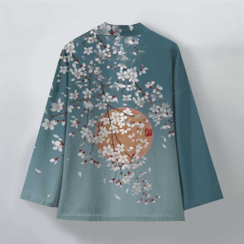 Buddha Stones Weißer Baumwollkimono mit Kirschblütenmuster und offener Vorderseite für Herren - image 11