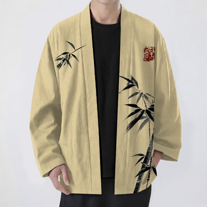 Buddha Stones Kimono für Herren aus Baumwolle mit asymmetrischem, tintenblauem Bambusmuster und offener Vorderseite - Weizen - US/UK/AU48, EU58 (4XL) - image 0