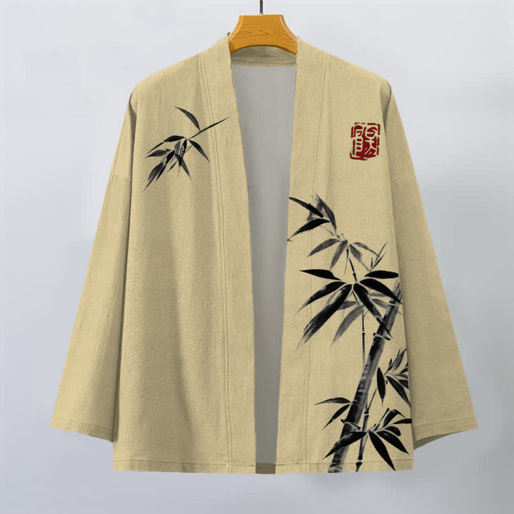 Buddha Stones Kimono für Herren aus Baumwolle mit asymmetrischem, tintenblauem Bambusmuster und offener Vorderseite - image 1