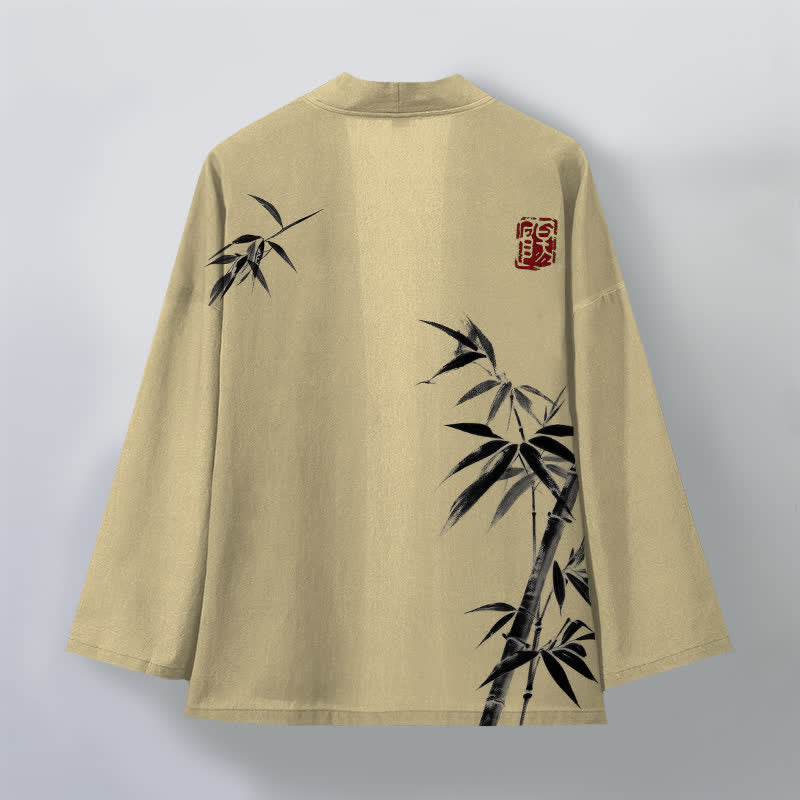 Buddha Stones Kimono für Herren aus Baumwolle mit asymmetrischem, tintenblauem Bambusmuster und offener Vorderseite - image 2