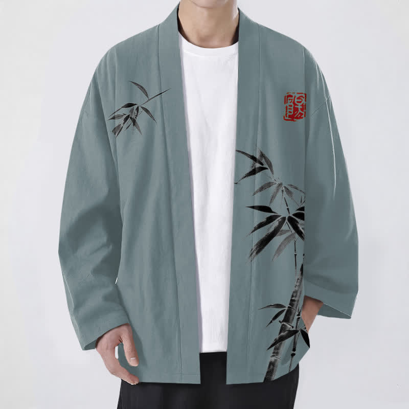 Buddha Stones Kimono für Herren aus Baumwolle mit asymmetrischem, tintenblauem Bambusmuster und offener Vorderseite - Kadettenblau - US/UK/AU48, EU58 (4XL) - image 6