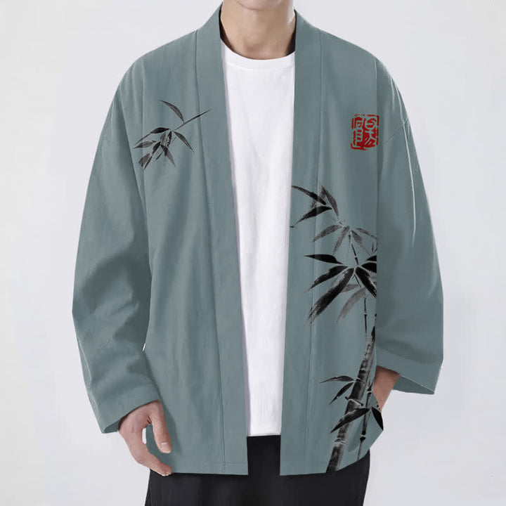 Buddha Stones Kimono für Herren aus Baumwolle mit asymmetrischem, tintenblauem Bambusmuster und offener Vorderseite - Kadettenblau - US/UK/AU48, EU58 (4XL) - image 6