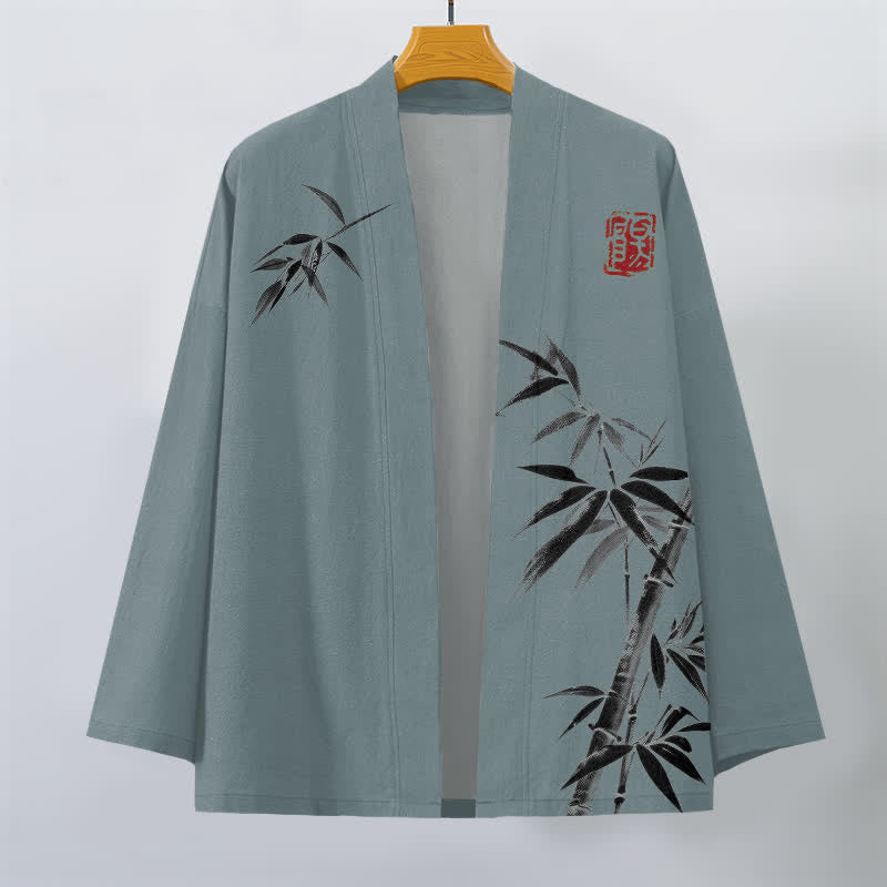 Buddha Stones Kimono für Herren aus Baumwolle mit asymmetrischem, tintenblauem Bambusmuster und offener Vorderseite - image 7