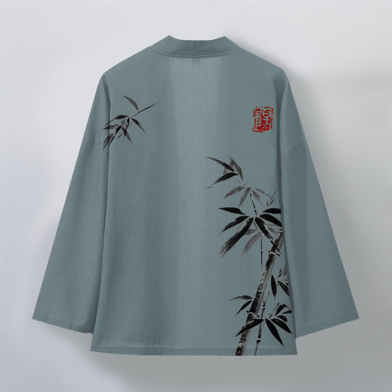 Buddha Stones Kimono für Herren aus Baumwolle mit asymmetrischem, tintenblauem Bambusmuster und offener Vorderseite - image 8