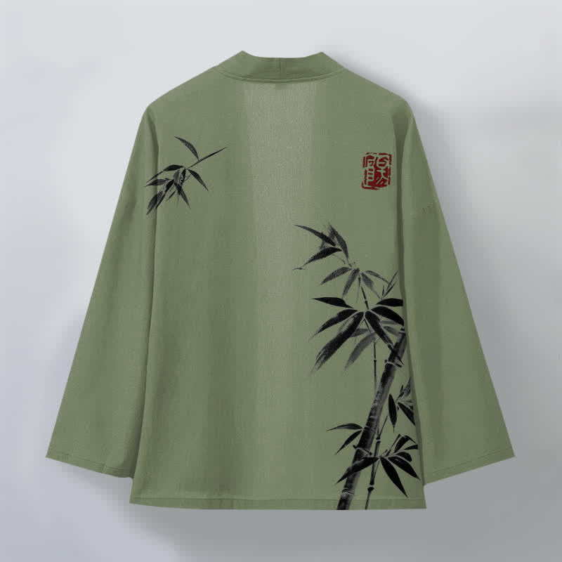 Buddha Stones Kimono für Herren aus Baumwolle mit asymmetrischem, tintenblauem Bambusmuster und offener Vorderseite - image 11