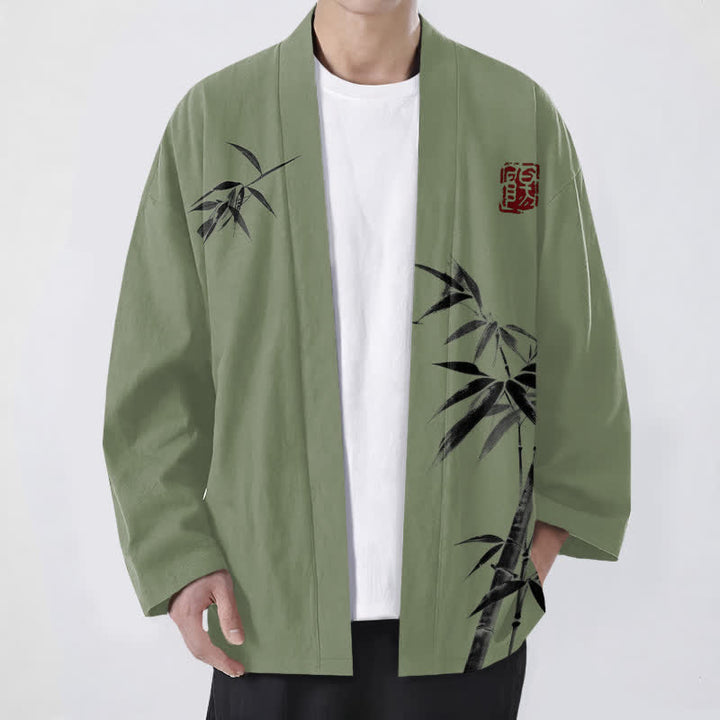 Buddha Stones Kimono für Herren aus Baumwolle mit asymmetrischem, tintenblauem Bambusmuster und offener Vorderseite - Olivgrün - US/UK/AU48, EU58 (4XL) - image 9