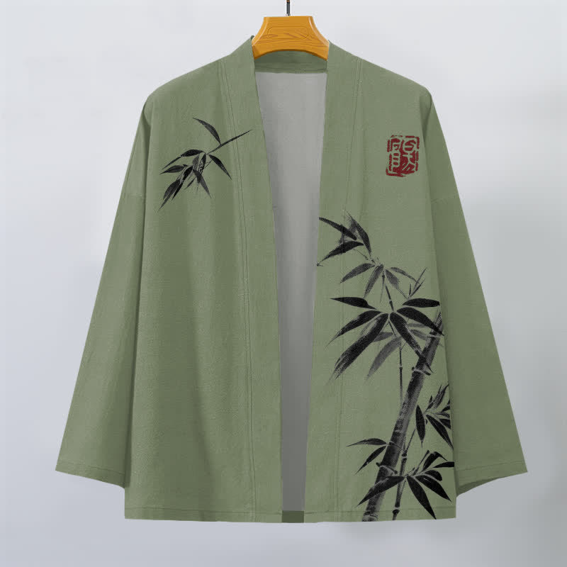 Buddha Stones Kimono für Herren aus Baumwolle mit asymmetrischem, tintenblauem Bambusmuster und offener Vorderseite - image 10
