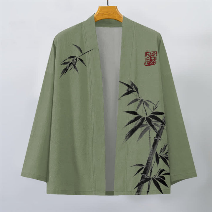 Buddha Stones Kimono für Herren aus Baumwolle mit asymmetrischem, tintenblauem Bambusmuster und offener Vorderseite - image 10