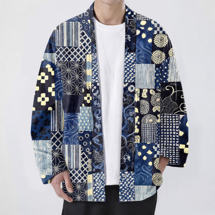 Buddha Stones Kimono aus Baumwolle mit Vintage-Blumen-Patchworkmuster und offener Vorderseite für Herren - Marine - US/UK/AU48, EU58 (4XL) - image 0