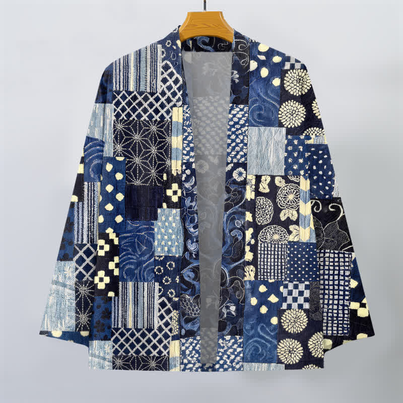 Buddha Stones Kimono aus Baumwolle mit Vintage-Blumen-Patchworkmuster und offener Vorderseite für Herren - image 1
