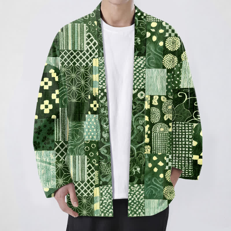 Buddha Stones Kimono aus Baumwolle mit Vintage-Blumen-Patchworkmuster und offener Vorderseite für Herren - Waldgrün - US/UK/AU48, EU58 (4XL) - image 9
