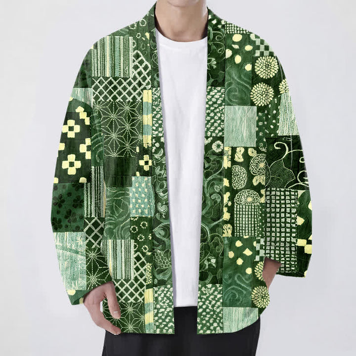 Buddha Stones Kimono aus Baumwolle mit Vintage-Blumen-Patchworkmuster und offener Vorderseite für Herren - Waldgrün - US/UK/AU48, EU58 (4XL) - image 9