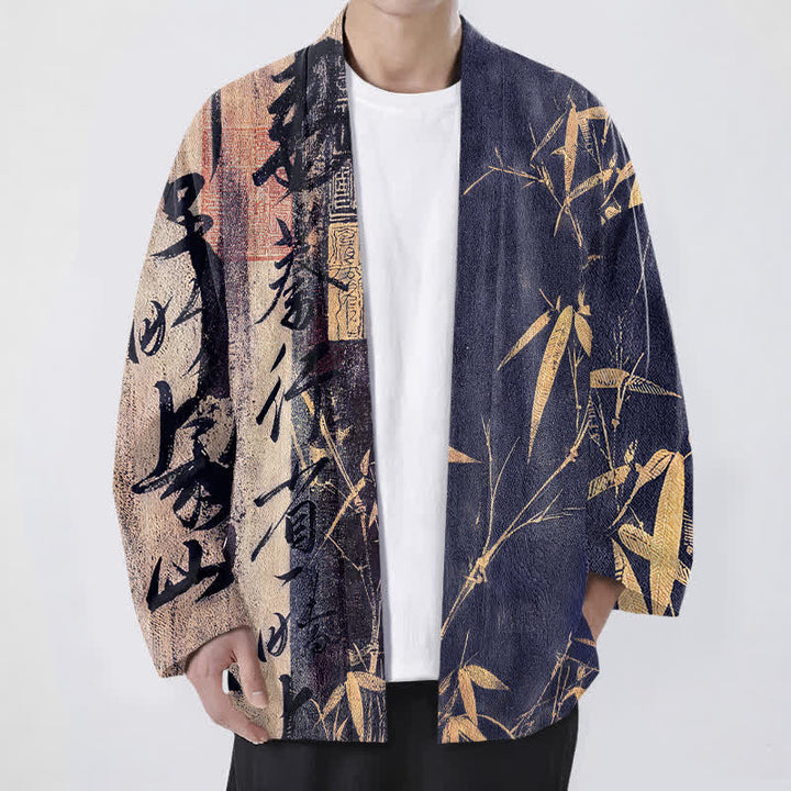 Buddha Stones Kimono aus Baumwolle mit Zen-Kalligrafie und Bambusmuster, offener Vorderseite, für Herren - Marine - US/UK/AU48, EU58 (4XL) - image 0