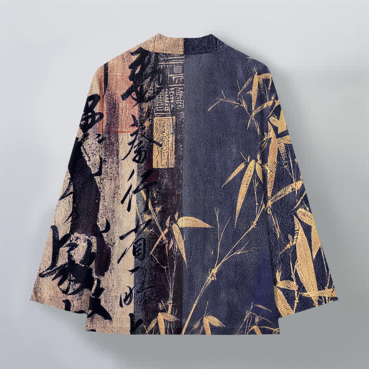 Buddha Stones Kimono aus Baumwolle mit Zen-Kalligrafie und Bambusmuster, offener Vorderseite, für Herren - image 2