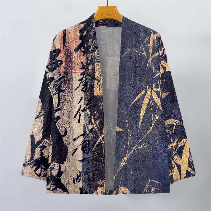 Buddha Stones Kimono aus Baumwolle mit Zen-Kalligrafie und Bambusmuster, offener Vorderseite, für Herren - image 1
