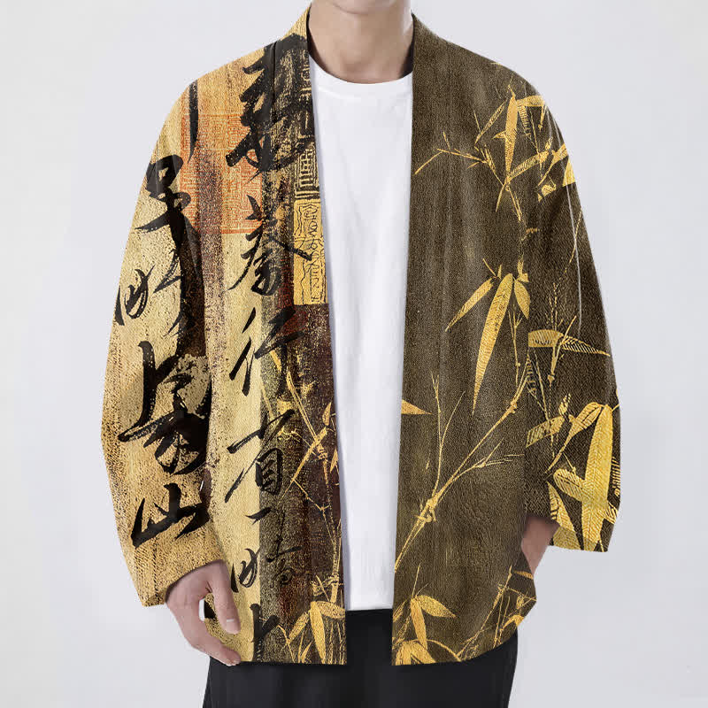 Buddha Stones Kimono aus Baumwolle mit Zen-Kalligrafie und Bambusmuster, offener Vorderseite, für Herren - Goldrute - US/UK/AU48, EU58 (4XL) - image 6