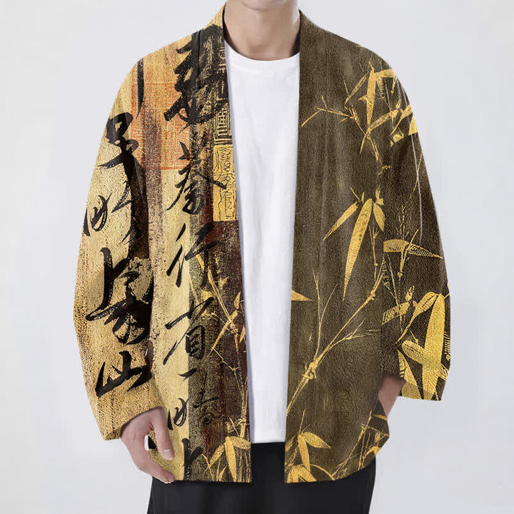 Buddha Stones Kimono aus Baumwolle mit Zen-Kalligrafie und Bambusmuster, offener Vorderseite, für Herren - Goldrute - US/UK/AU48, EU58 (4XL) - image 6