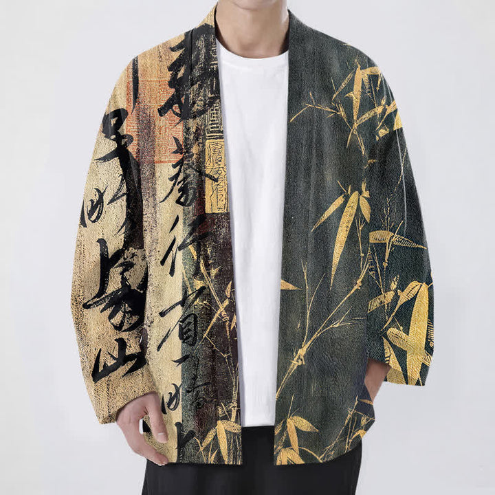 Buddha Stones Kimono aus Baumwolle mit Zen-Kalligrafie und Bambusmuster, offener Vorderseite, für Herren - Grau - US/UK/AU48, EU58 (4XL) - image 9