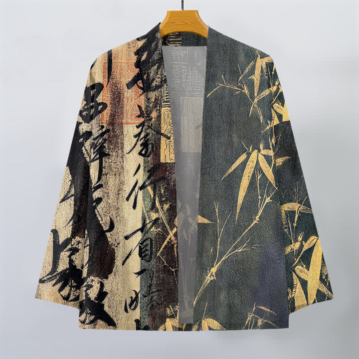 Buddha Stones Kimono aus Baumwolle mit Zen-Kalligrafie und Bambusmuster, offener Vorderseite, für Herren - image 10