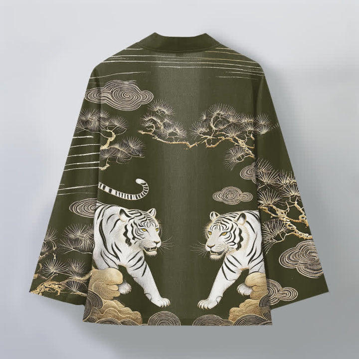 Buddha Stones Weißer Baumwollkimono mit Tigerwolken- und Kiefernmuster, offener Vorderteil - image 2