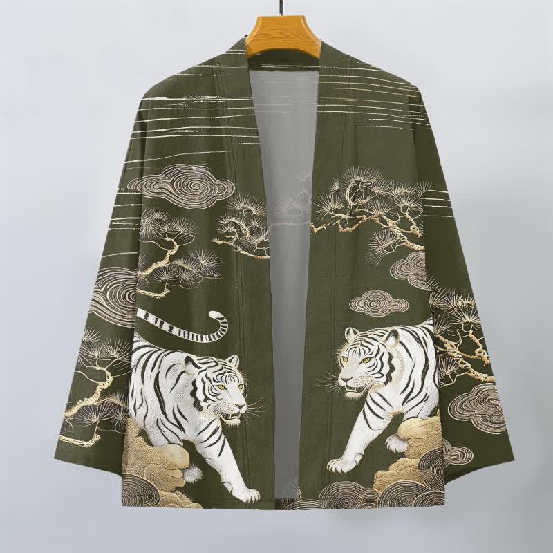 Buddha Stones Weißer Baumwollkimono mit Tigerwolken- und Kiefernmuster, offener Vorderteil - image 1