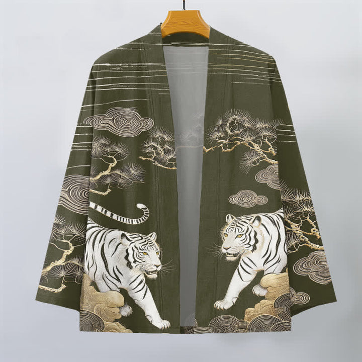 Buddha Stones Weißer Baumwollkimono mit Tigerwolken- und Kiefernmuster, offener Vorderteil - image 1