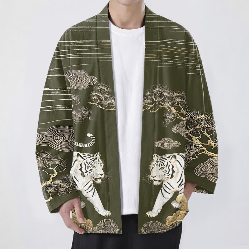 Buddha Stones Weißer Baumwollkimono mit Tigerwolken- und Kiefernmuster, offener Vorderteil - Olive - US/UK/AU48, EU58 (4XL) - image 0