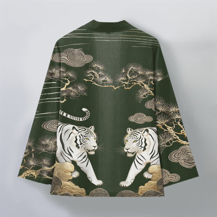 Buddha Stones Weißer Baumwollkimono mit Tigerwolken- und Kiefernmuster, offener Vorderteil - image 8