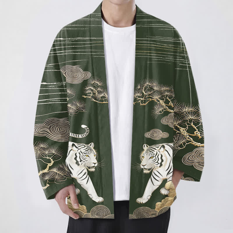 Buddha Stones Weißer Baumwollkimono mit Tigerwolken- und Kiefernmuster, offener Vorderteil - Dunkelgrün - US/UK/AU48, EU58 (4XL) - image 6