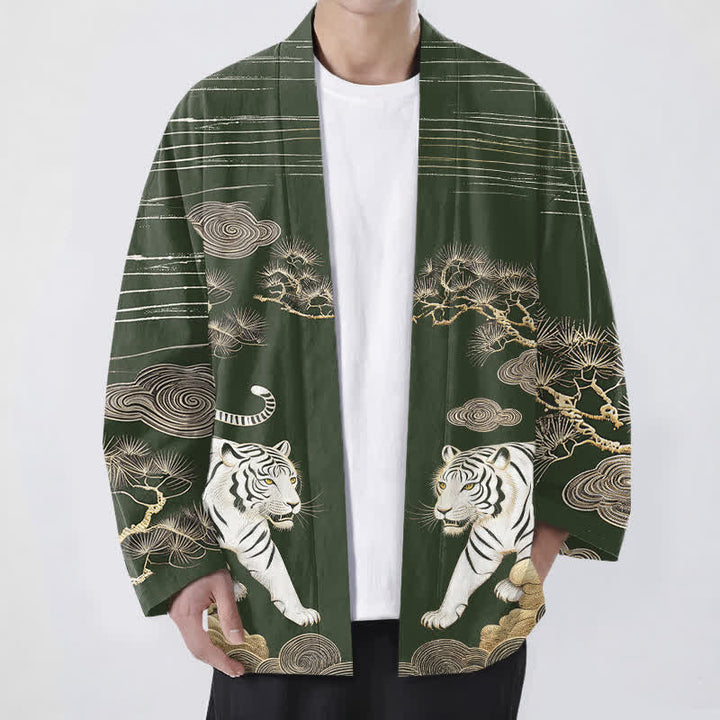 Buddha Stones Weißer Baumwollkimono mit Tigerwolken- und Kiefernmuster, offener Vorderteil - Dunkelgrün - US/UK/AU48, EU58 (4XL) - image 6