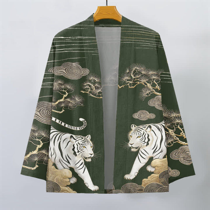 Buddha Stones Weißer Baumwollkimono mit Tigerwolken- und Kiefernmuster, offener Vorderteil - image 7