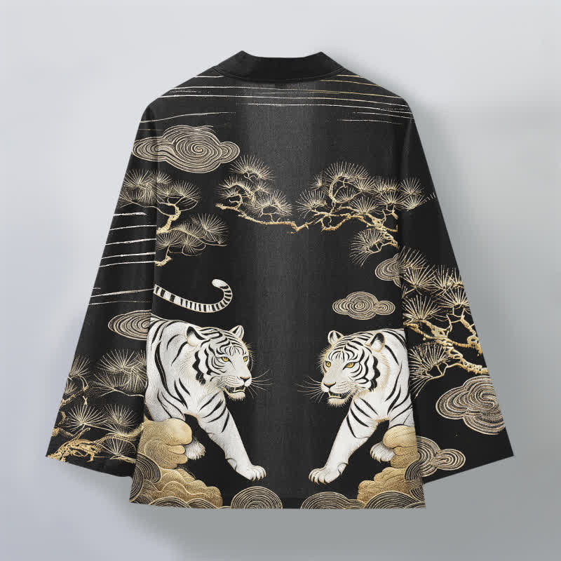 Buddha Stones Weißer Baumwollkimono mit Tigerwolken- und Kiefernmuster, offener Vorderteil - image 11