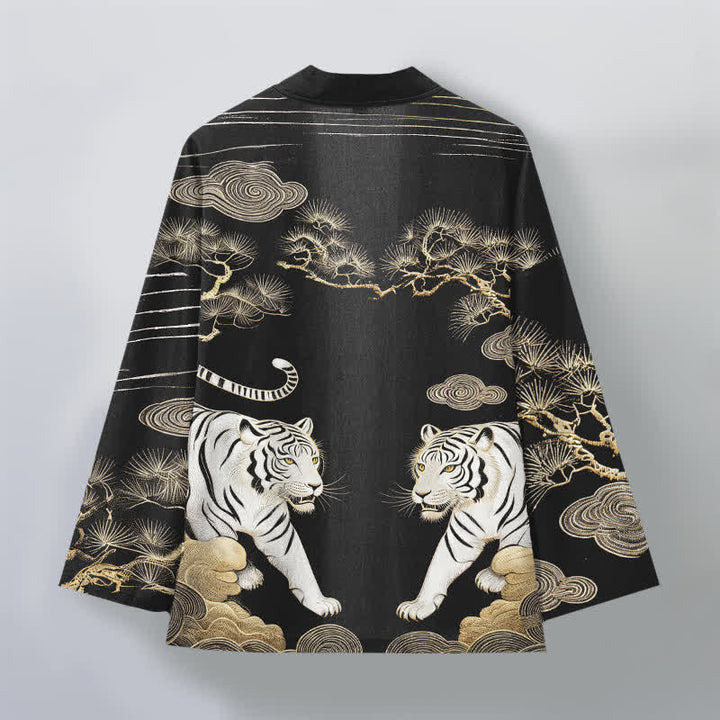 Buddha Stones Weißer Baumwollkimono mit Tigerwolken- und Kiefernmuster, offener Vorderteil - image 11