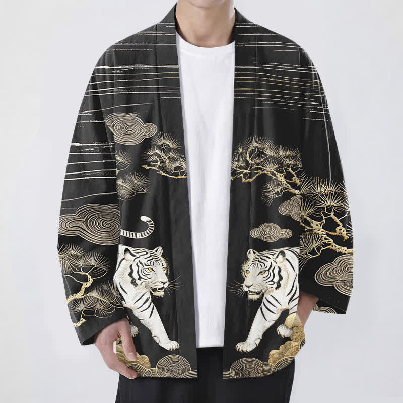 Buddha Stones Weißer Baumwollkimono mit Tigerwolken- und Kiefernmuster, offener Vorderteil - Schwarz - US/UK/AU48, EU58 (4XL) - image 9