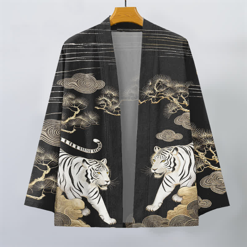 Buddha Stones Weißer Baumwollkimono mit Tigerwolken- und Kiefernmuster, offener Vorderteil - image 10