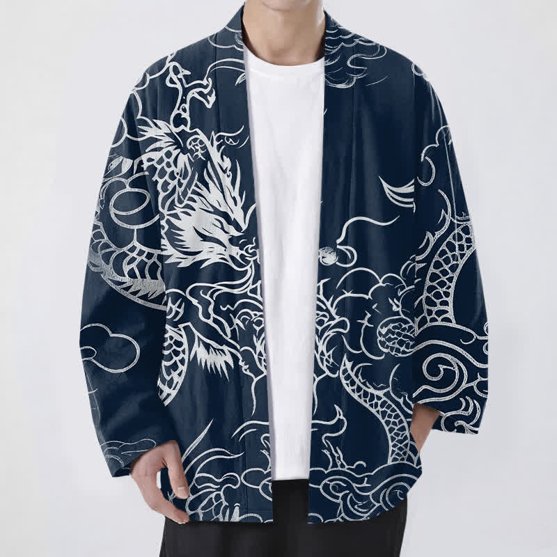 Buddha Stones Kimono aus Baumwolle mit traditionellem Drachen- und Wolkenmuster, offener Vorderseite, für Herren - Marine - US/UK/AU48, EU58 (4XL) - image 0