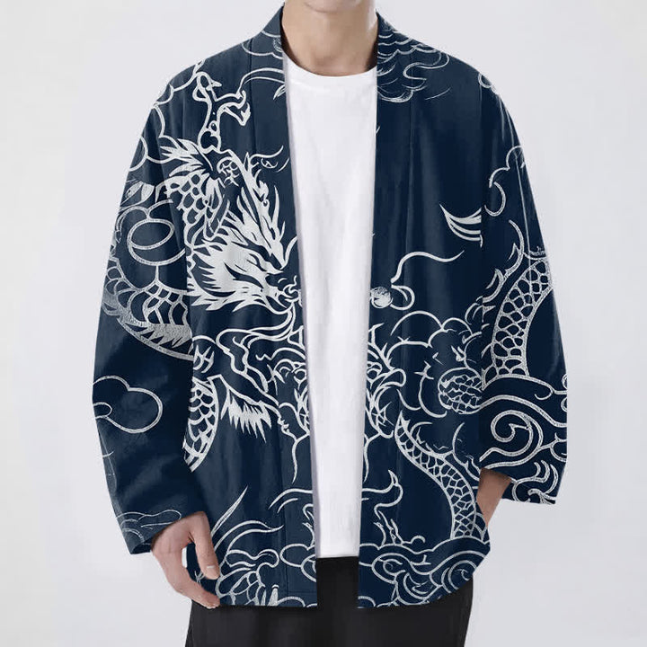 Buddha Stones Kimono aus Baumwolle mit traditionellem Drachen- und Wolkenmuster, offener Vorderseite, für Herren - Marine - US/UK/AU48, EU58 (4XL) - image 0