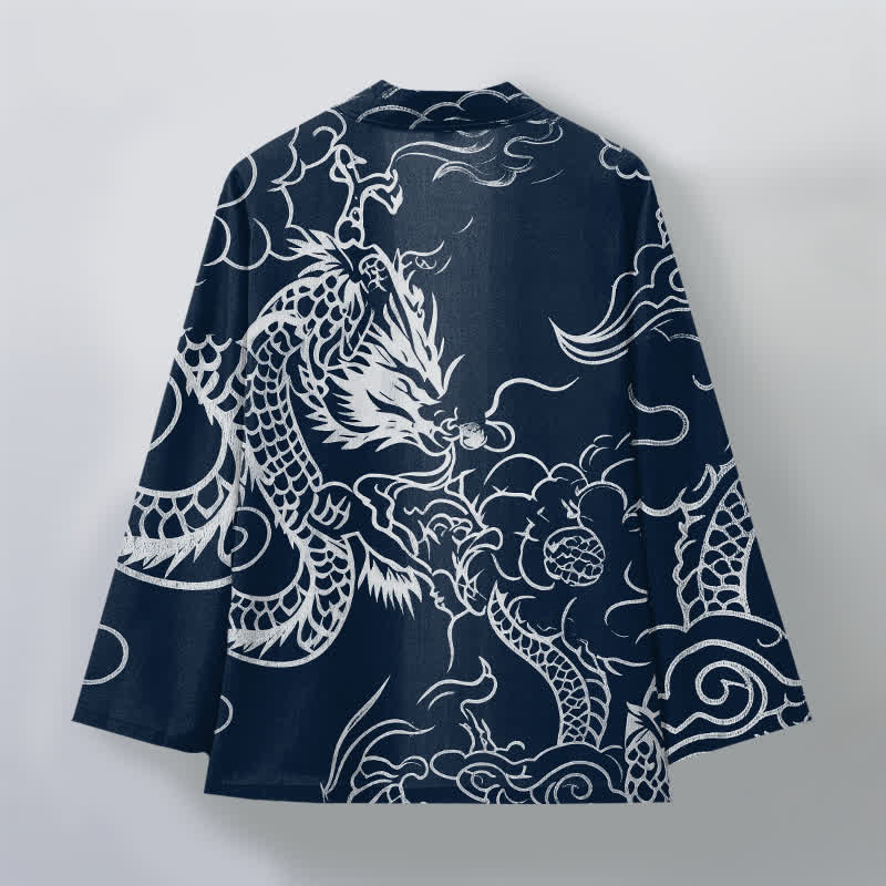Buddha Stones Kimono aus Baumwolle mit traditionellem Drachen- und Wolkenmuster, offener Vorderseite, für Herren - image 2